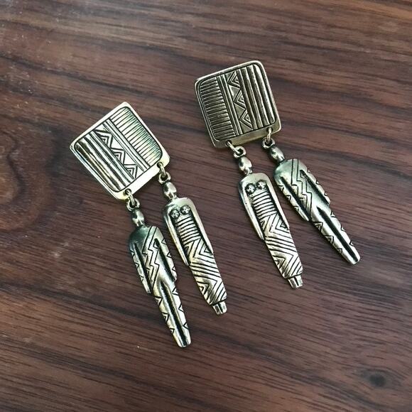 Laurel Burch signed tribal man and woman post earrings - brass tone - Picture 8 of 9